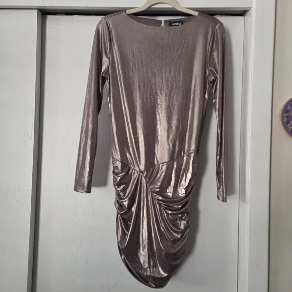 Express S Gold Metallic Ruched Mini Dress Long Sleeves Keyhole Back Stretch - Picture 1 of 6